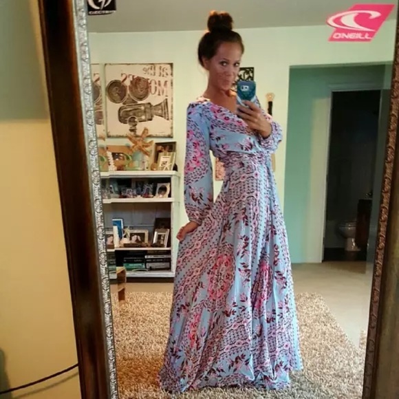 SOLD OUT Blue Floral Bohemian Long Button Up Maxi Dress - Picture 2 of 6